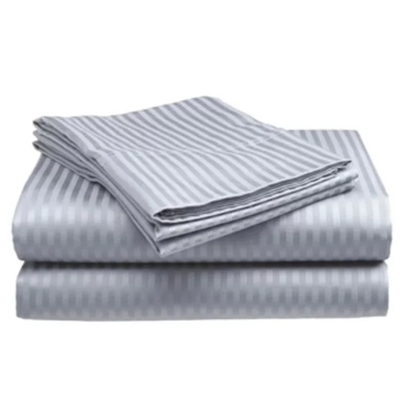 A set of 100% cotton sheet sets with a 400 thread count, featuring a subtle striped pattern in light gray. The set includes a flat sheet, a fitted sheet, and pillowcases.