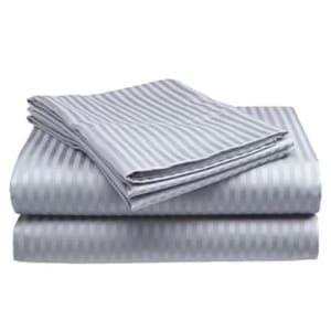 A set of 100% cotton sheet sets with a 400 thread count, featuring a subtle striped pattern in light gray. The set includes a flat sheet, a fitted sheet, and pillowcases.
