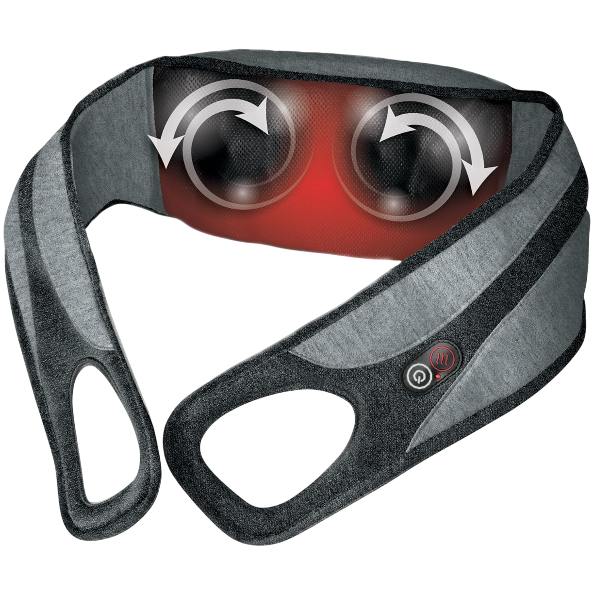 Heated neck massager with rotating massage nodes. Features include adjustable straps and control buttons for heat and power settings.
