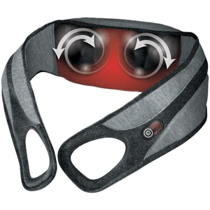 Heated neck massager with rotating massage nodes. Features include adjustable straps and control buttons for heat and power settings.