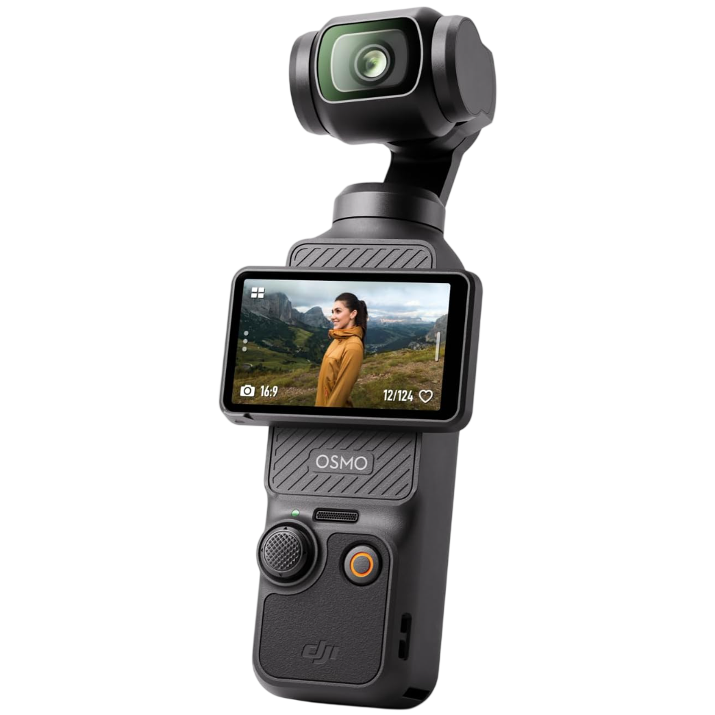 A DJI Osmo Pocket camera with a built-in gimbal and flip-up touchscreen, designed for capturing stable video footage.