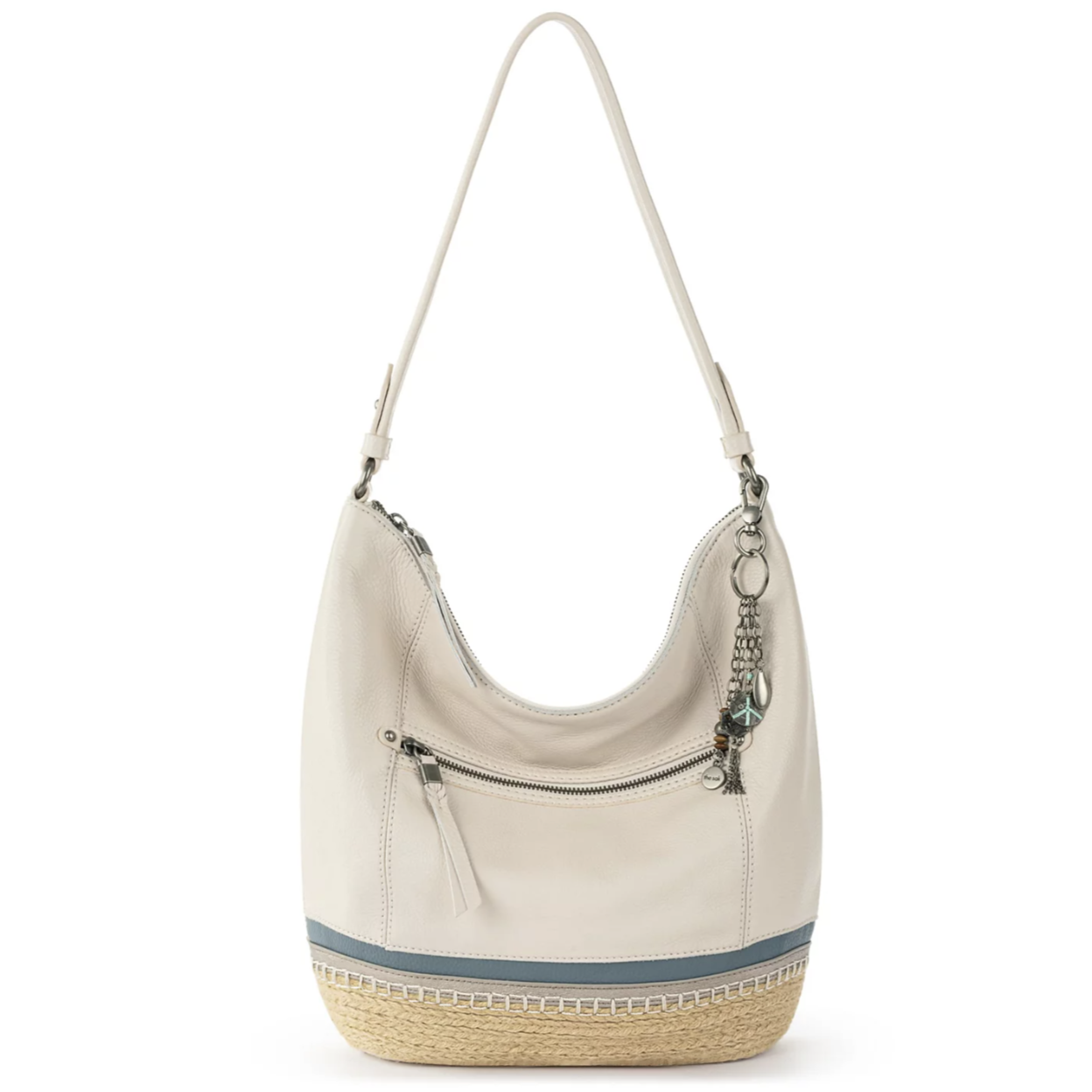 A white hobo bag with a single strap, featuring a front zipper pocket and a decorative charm. The base has a woven jute texture with a light blue accent stripe.