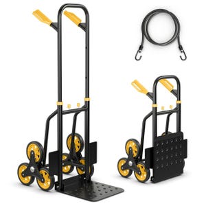 Folding stair climbing cart with six yellow wheels and black frame, featuring a detachable bungee cord; collapsible for easy storage.