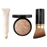 Laura Geller Trio: Line-Smoothing Tinted Under Eye Primer, Baked Balance-N-Brighten Color Correcting Foundation, and Kabuki Brush.