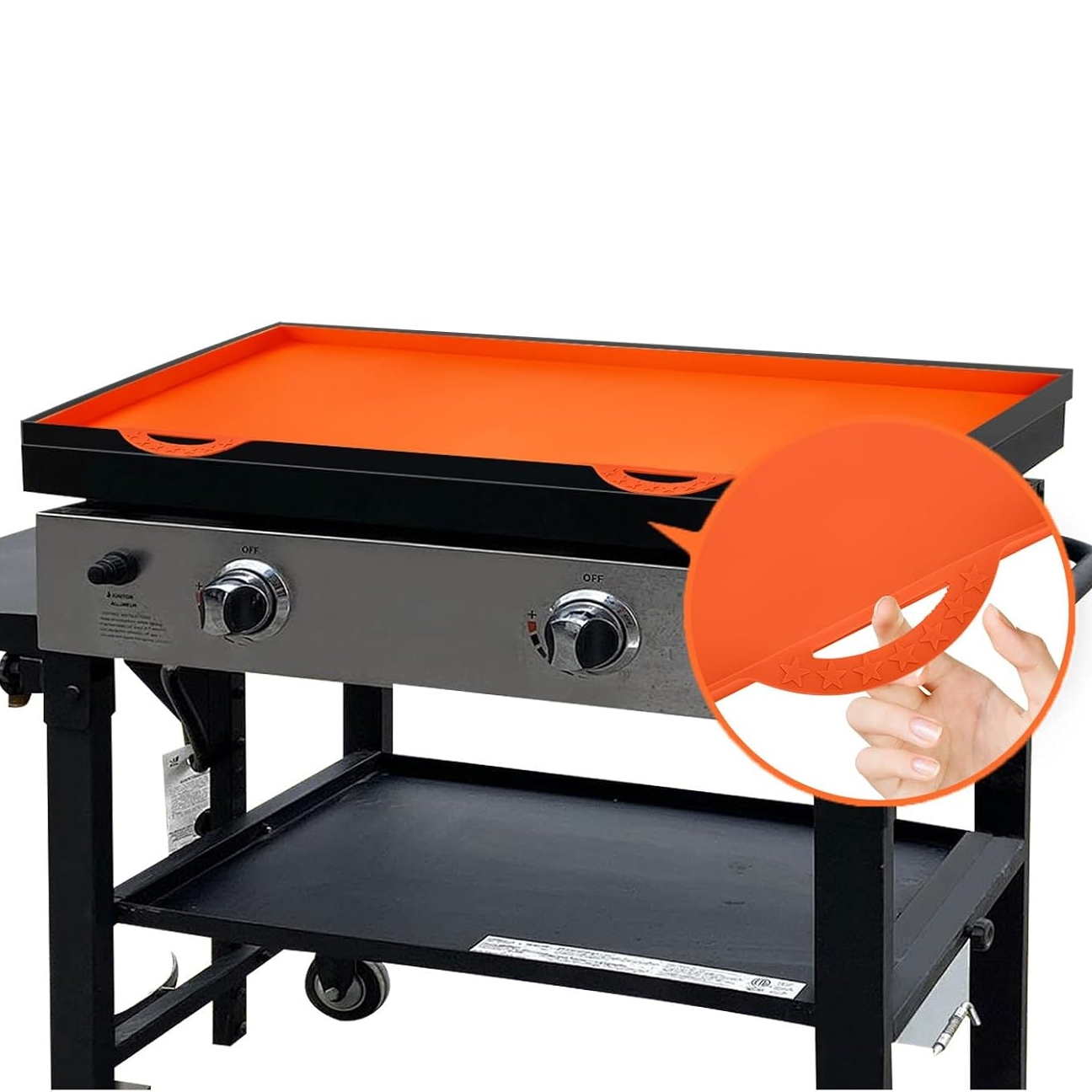 Orange silicone griddle mat designed to fit over a flat-top grill, featuring corner grips and a non-stick surface.