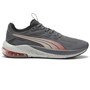 Grey athletic sneaker with a speckled white midsole, featuring a translucent red air cushion and gradient Puma logo.