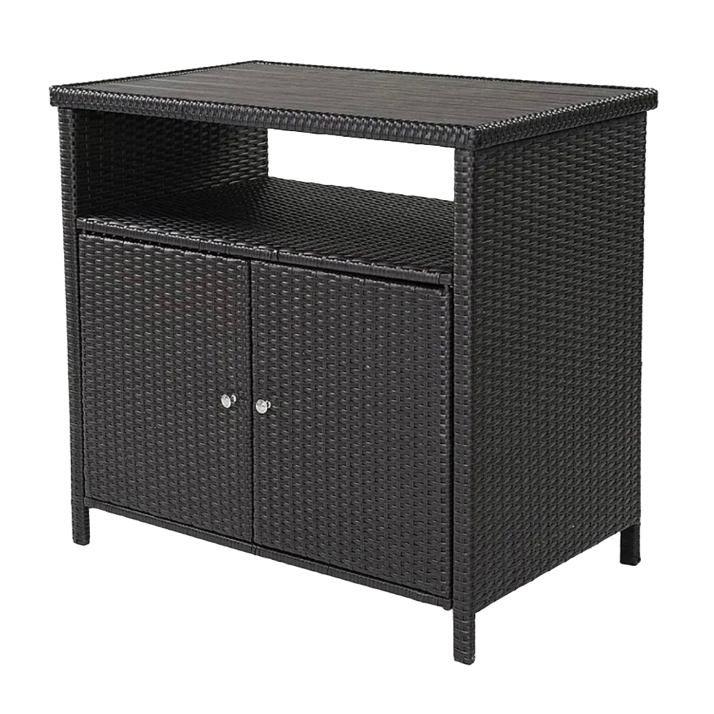 A 36\“ steel buffet cabinet with a black wicker design, featuring an open shelf and double-door storage below.