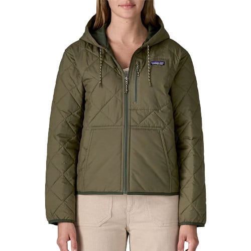 A hooded, olive green, quilted jacket with a front zipper, two side pockets, and a chest pocket, worn by a person.