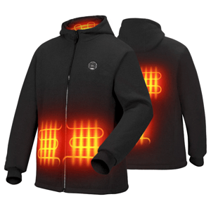 Heated jacket with visible heating elements in the chest, providing warmth. Black color with a hood and zip closure.