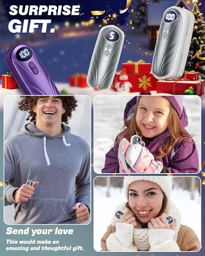Hand warmers shown as a thoughtful gift option, featuring digital displays. Ideal for outdoor activities in cold weather.