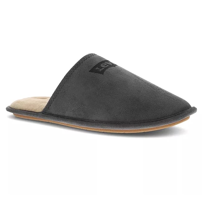 Levi's Men's Milton 2 Scuff Slippers feature a simple, slip-on design with a charcoal gray suede upper and a plush, cream-colored interior lining for comfort. The outsole provides lightweight cushioning and grip for indoor use.