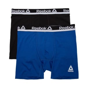 Two Reebok Performance Boxer Briefs in black and blue, featuring a comfortable elastic waistband with Reebok branding and a classic design.