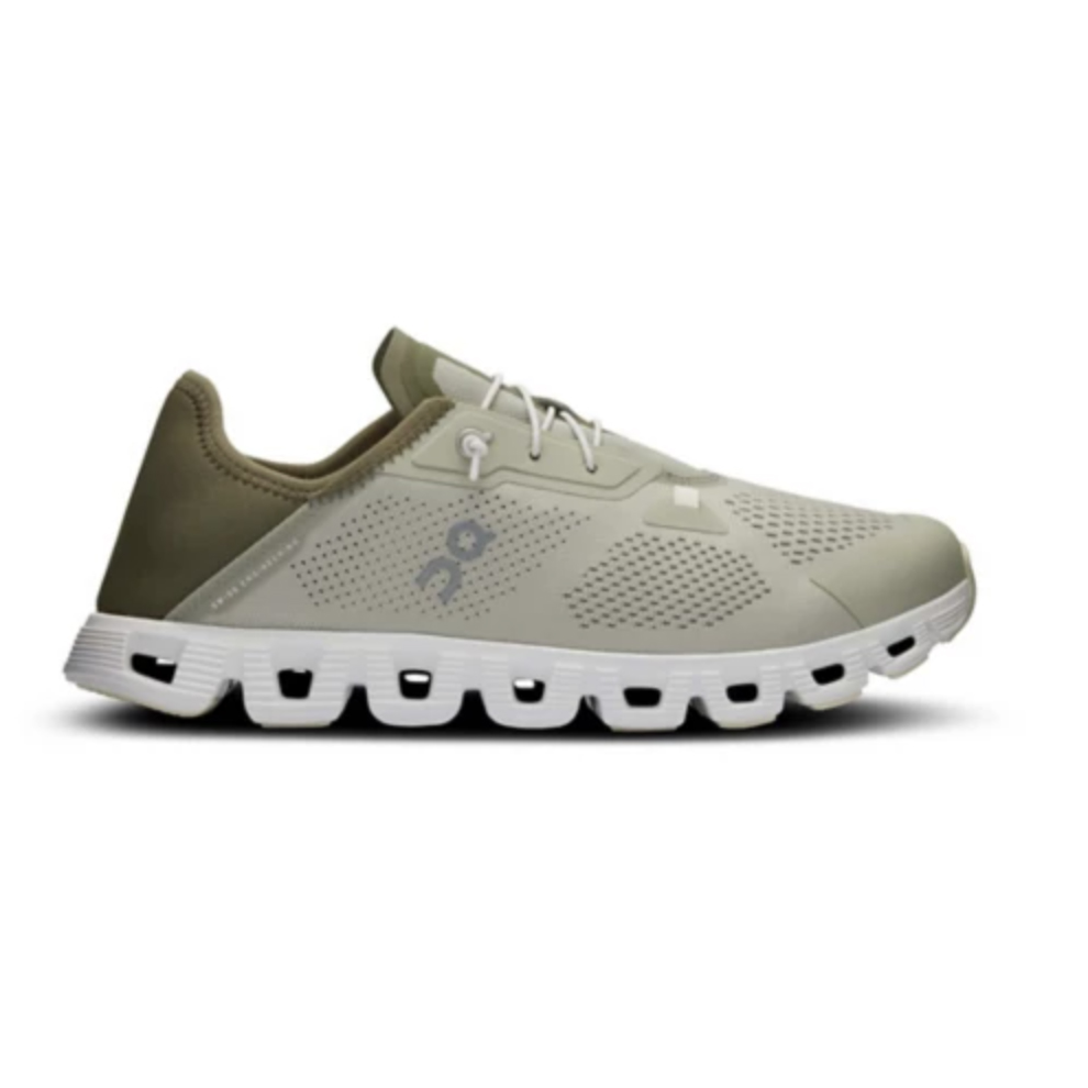 On Cloud 5 Shoes are lightweight, green running shoes featuring a breathable upper, signature CloudTec cushioning with a distinctive segmented sole for comfort, and a slip-on design with elastic laces for easy wear.