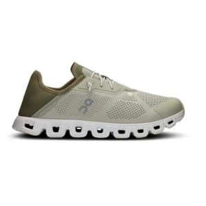 On Cloud 5 Shoes are lightweight, green running shoes featuring a breathable upper, signature CloudTec cushioning with a distinctive segmented sole for comfort, and a slip-on design with elastic laces for easy wear.
