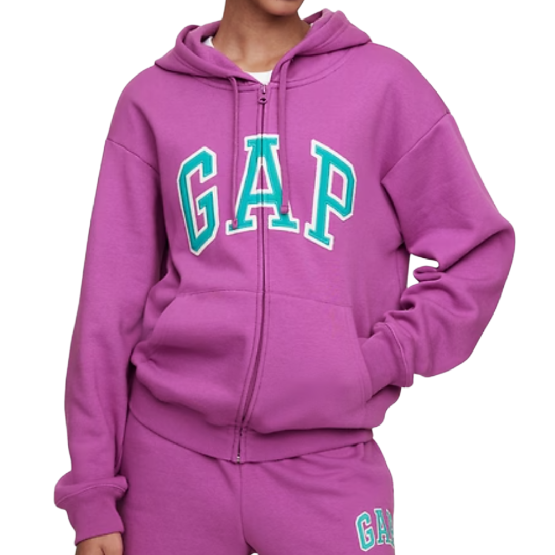 A person is wearing a purple GAP hoodie and matching pants, both featuring the GAP logo in white and turquoise.