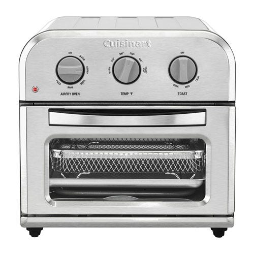 A Cuisinart air fryer toaster oven with stainless steel finish, featuring controls for air frying, temperature adjustment, and toasting.