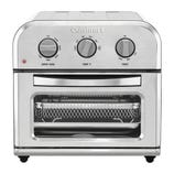A Cuisinart air fryer toaster oven with stainless steel finish, featuring controls for air frying, temperature adjustment, and toasting.