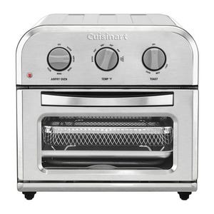 A Cuisinart air fryer toaster oven with stainless steel finish, featuring controls for air frying, temperature adjustment, and toasting.