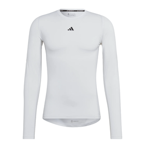 White long-sleeve Adidas Men's Techfit Training Top featuring a small black Adidas logo on the chest. Fitted design with slight tapering at the waist and a round neckline.