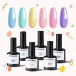 Set of Modelones gel nail polish in pastel colors including blue, turquoise, yellow, pink, and purple, displayed with decorative Easter-themed elements like eggs and flowers.