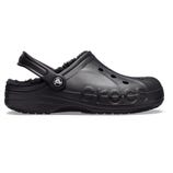 Black Crocs clog with a fuzzy lining, featuring signature ventilation holes and a pivoting heel strap.