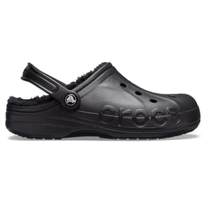 Black Crocs clog with a fuzzy lining, featuring signature ventilation holes and a pivoting heel strap.