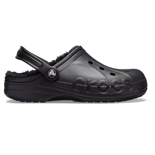 Black Crocs clog with a fuzzy lining, featuring signature ventilation holes and a pivoting heel strap.