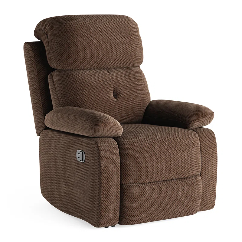 A brown upholstered recliner chair with padded armrests and a cushioned back, featuring a lever on the side for reclining.