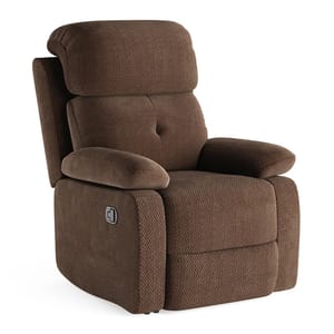 A brown upholstered recliner chair with padded armrests and a cushioned back, featuring a lever on the side for reclining.