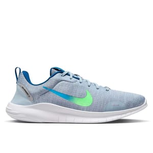 Light gray Nike Flex Experience running shoes with a white sole, featuring a neon green swoosh and blue accents on the heel and laces.
