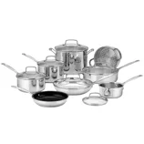 A stainless steel cookware set including pots, pans, a steamer insert, and lids.