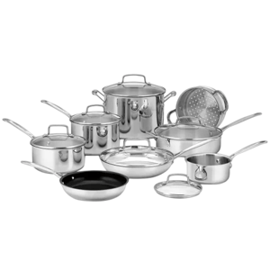 A stainless steel cookware set including pots, pans, a steamer insert, and lids.