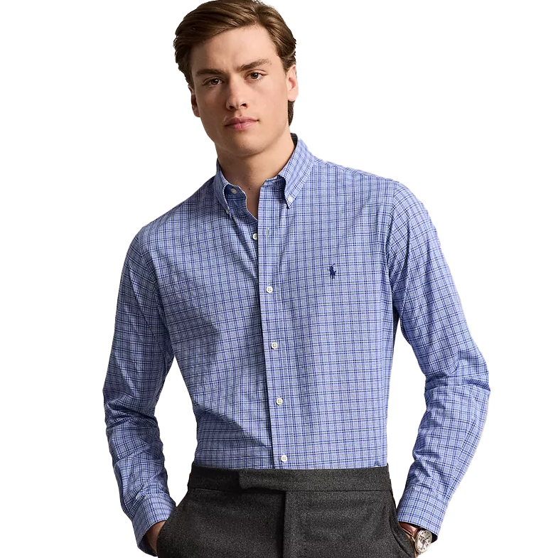 Polo Ralph Lauren Gingham Dress Shirt features a light blue and white checked pattern, button-down collar, and a small embroidered logo on the chest. The shirt is paired with gray trousers.