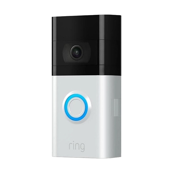 The Ring Video Doorbell 3 is a smart doorbell with a built-in camera and a button encircled by a blue LED ring for notifications. It offers features like motion detection and two-way audio.