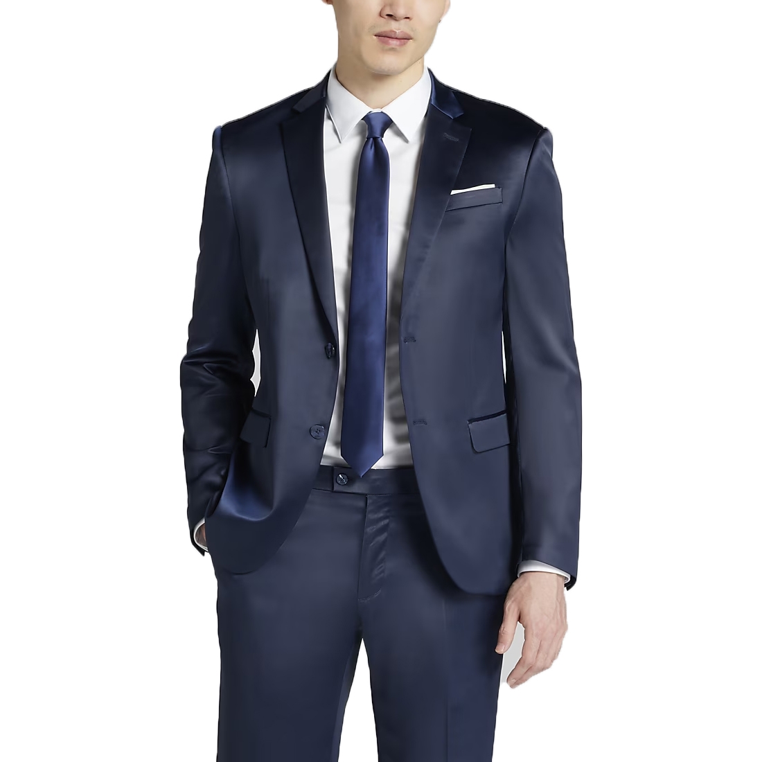 A man in a navy blue satin suit with a matching tie over a white shirt, featuring a pocket square and two-button suit jacket.
