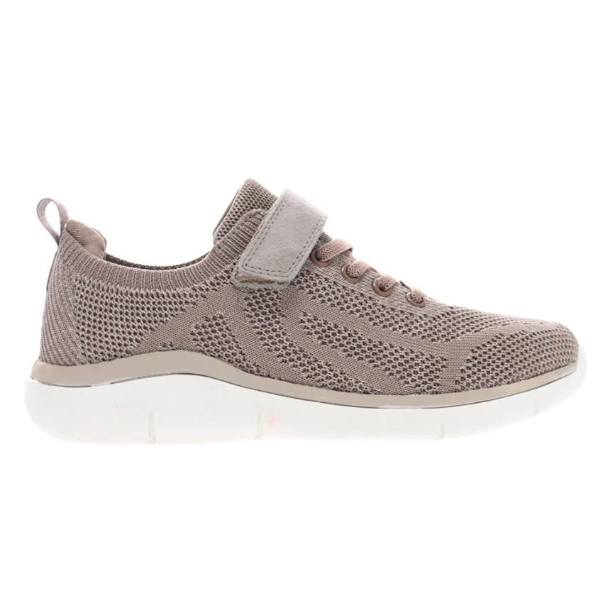 Beige Propet Sneakers with a knitted mesh design, Velcro strap, elastic lace details, and a white cushioned sole.
