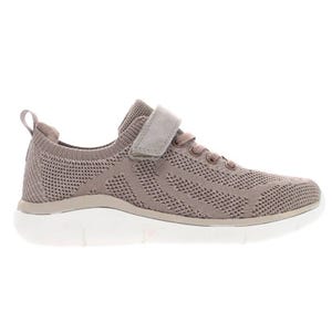Beige Propet Sneakers with a knitted mesh design, Velcro strap, elastic lace details, and a white cushioned sole.