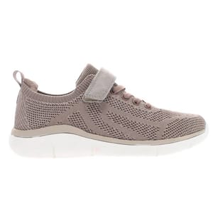 Beige Propet Sneakers with a knitted mesh design, Velcro strap, elastic lace details, and a white cushioned sole.