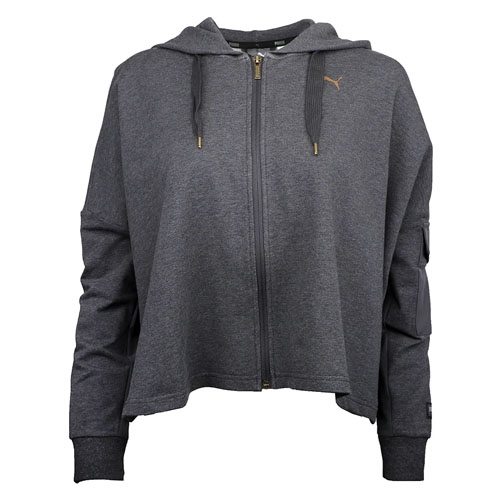Charcoal gray zip-up hoodie with front pockets, hood, and drawstrings, featuring a subtle logo on the chest.