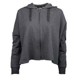 Charcoal gray zip-up hoodie with front pockets, hood, and drawstrings, featuring a subtle logo on the chest.