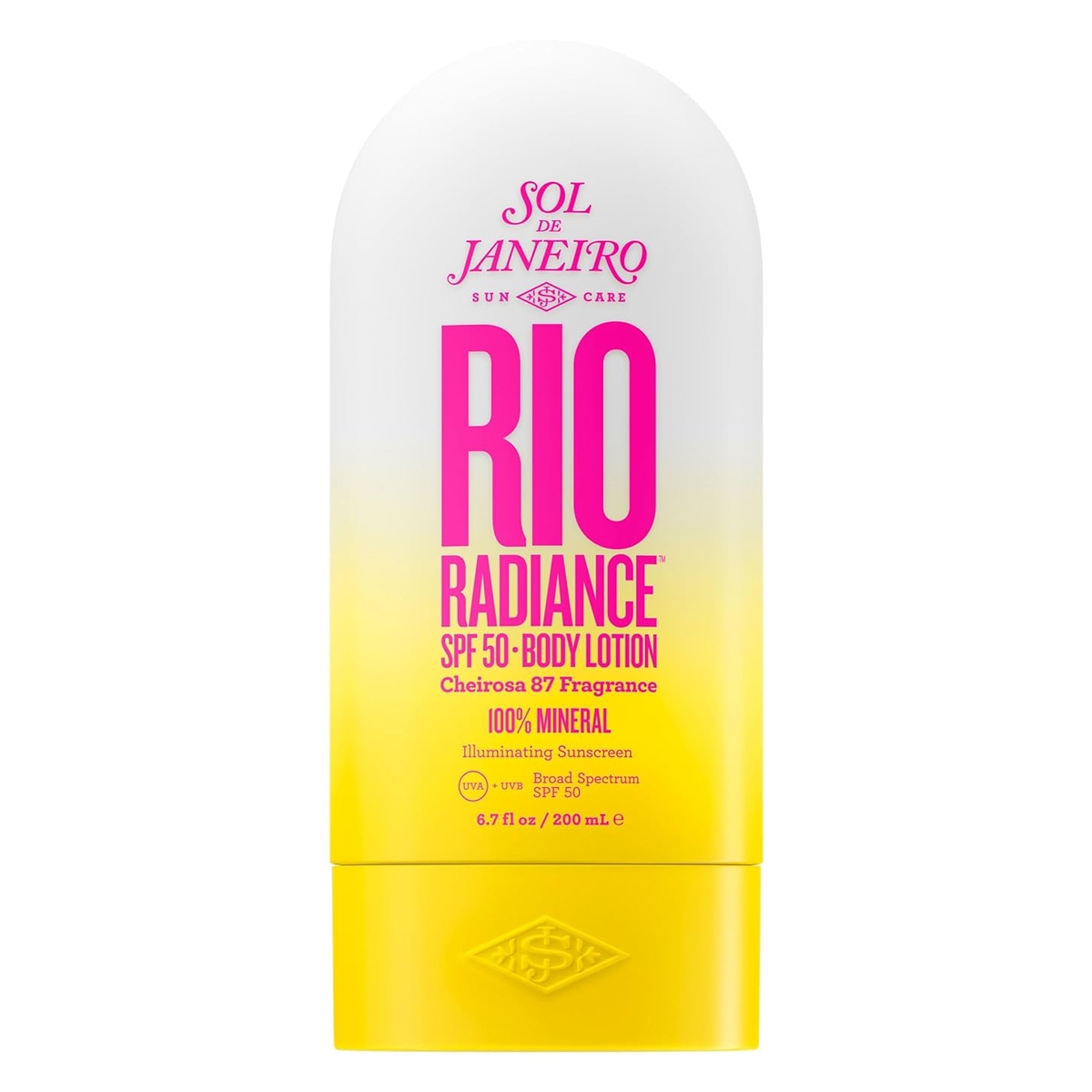 Sol de Janeiro Rio Radiance SPF 50 is a 100% mineral body lotion with broad-spectrum UVA/UVB protection and a Cheirosa 87 fragrance. Packaging is 200 ml (6.7 fl oz) and highlights its illuminating sunscreen properties.
