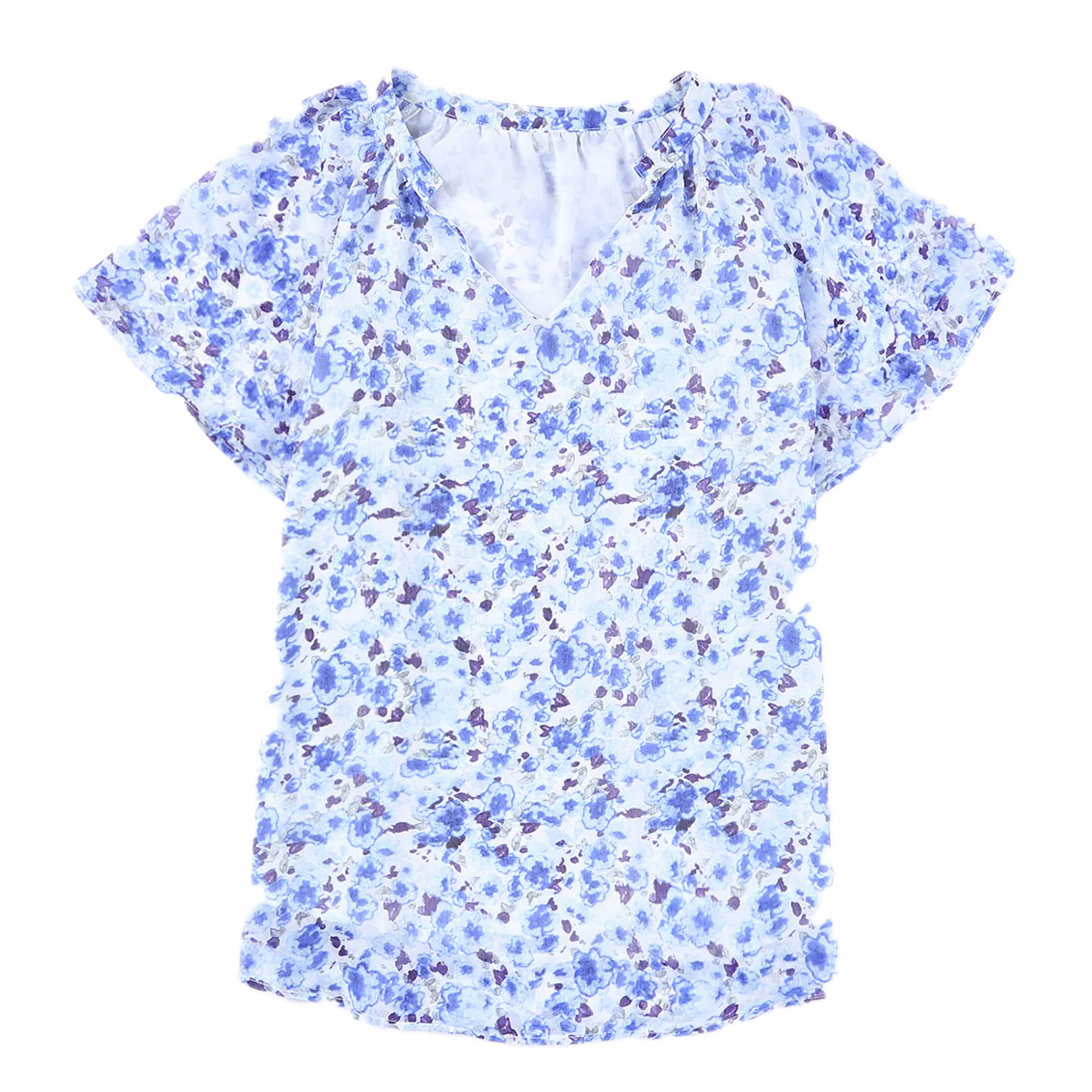 Short-sleeve floral blouse featuring a blue and white pattern with a V-neck and light ruffle detailing at the shoulders.