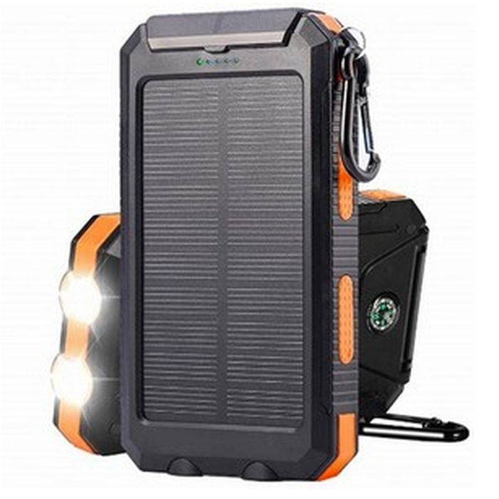 A solar-powered charger with dual LED lights, carabiner attachment, and built-in compass, designed for outdoor use.