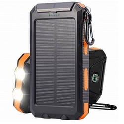 A solar-powered charger with dual LED lights, carabiner attachment, and built-in compass, designed for outdoor use.