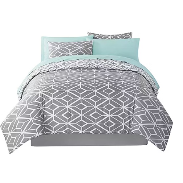 A bedding set with a modern geometric pattern in gray and white, complemented by aqua blue pillowcases and bed sheets.