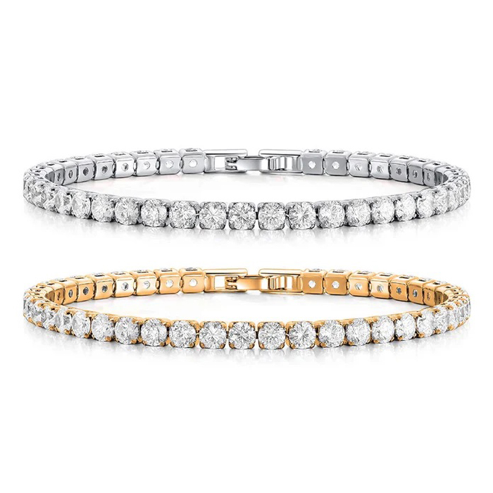 Two tennis bracelets featuring round-cut stones, one in silver-tone metal and the other in gold-tone.
