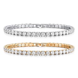 Two tennis bracelets featuring round-cut stones, one in silver-tone metal and the other in gold-tone.