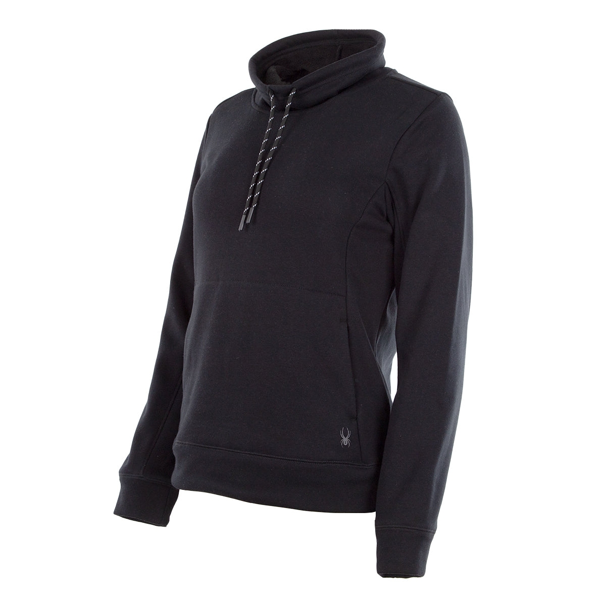 A black women's cowl neck pullover with an integrated hood, a central kangaroo pocket, and a distinctive logo on the left wrist area.
