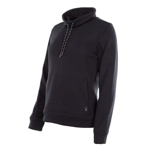 A black women's cowl neck pullover with an integrated hood, a central kangaroo pocket, and a distinctive logo on the left wrist area.