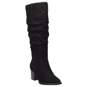 A black knee-high boot with a block heel and slouchy shaft design.